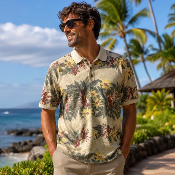 Tommy Bahama Other - Vintage Tommy Bahama Hawaiian Polo Shirt XL Floral Tropical Island Resort Beige